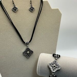 Brighton Presage Necklace Bracelet Earrings Set Black Cord Silver Plated Vintage